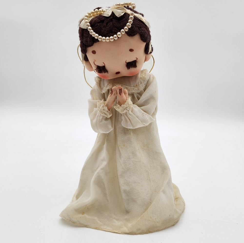 Vintage Christmas decoration Tulle ANGEL 11.5" tall Brown Yarn hair Commodore